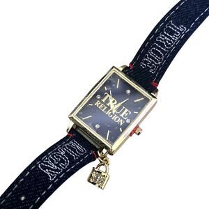 True Religion Women’s Gold Navy Denim Strap Watch Rectangular Lock Charm TRL100